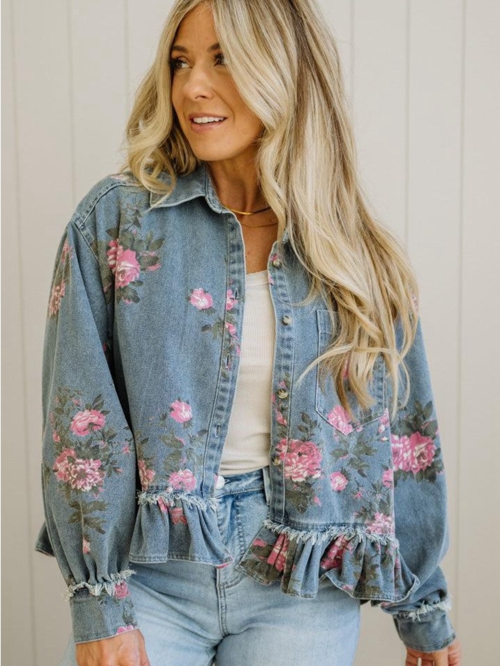BiBi Peplum Floral Print Denim Shirt Jacket - Picture 2 of 4
